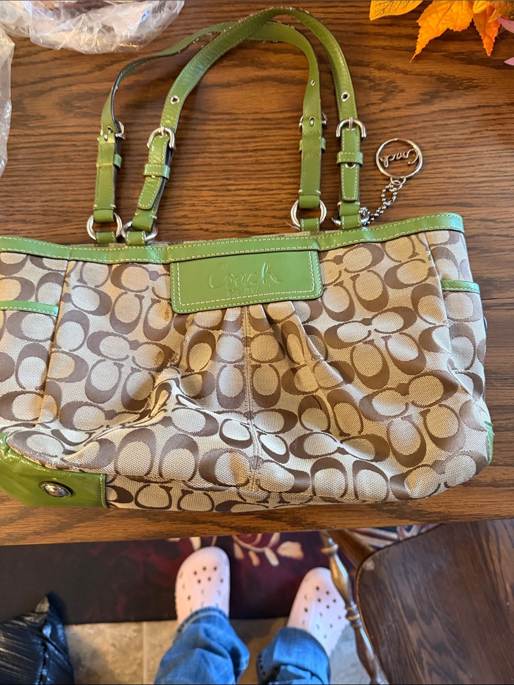 Coach Signature Shoulder Tote with Green Trim and Coach silver hang tag with COA